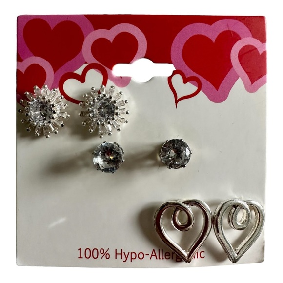Set of 3 Silver Tone Round Clear CZ Pierced Earrings Stud Starburst Hearts New - Picture 7 of 9